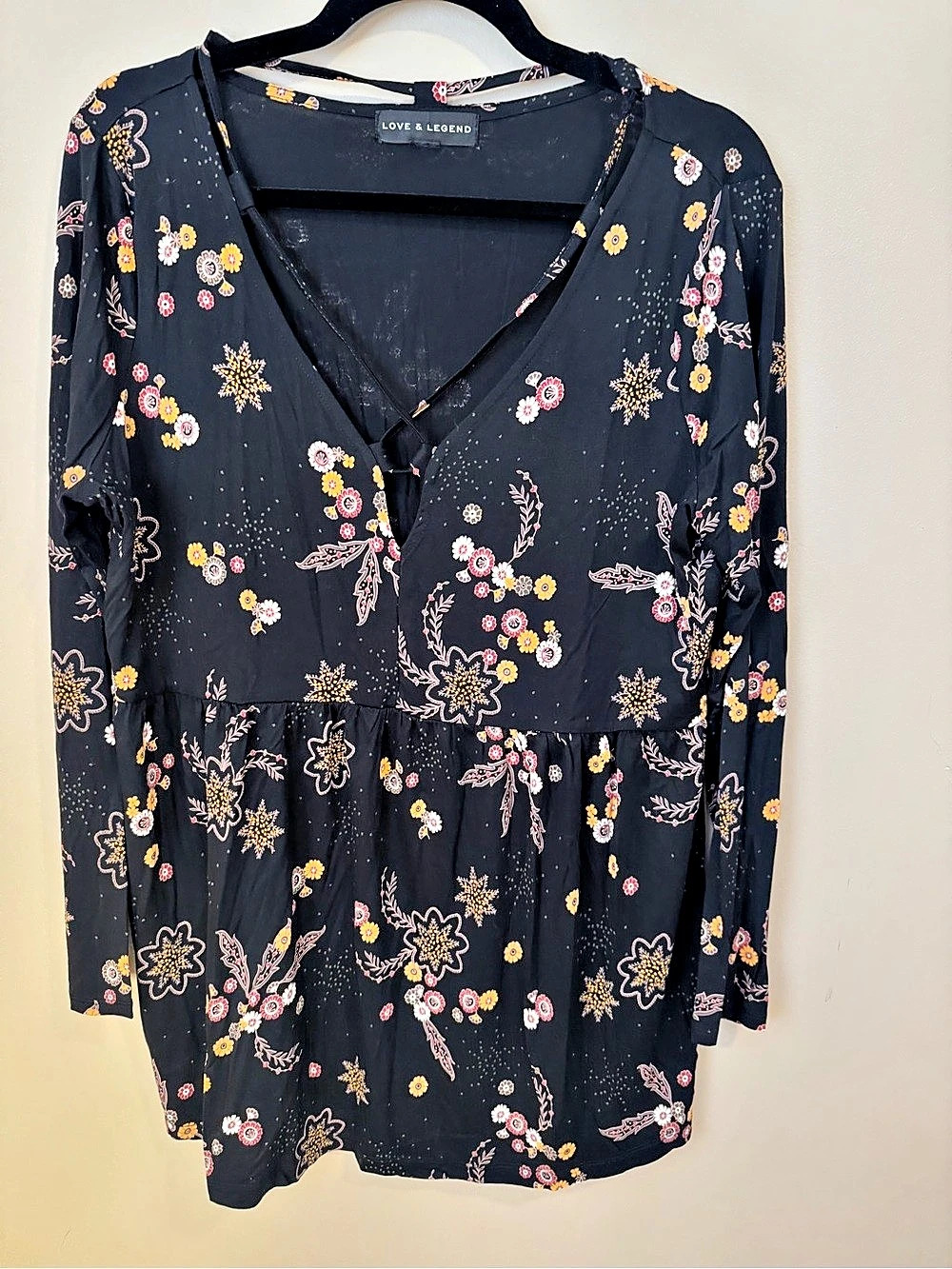 LOVE & LEGEND Women's Black Floral Empire Waist Stretch Tunic Top XL